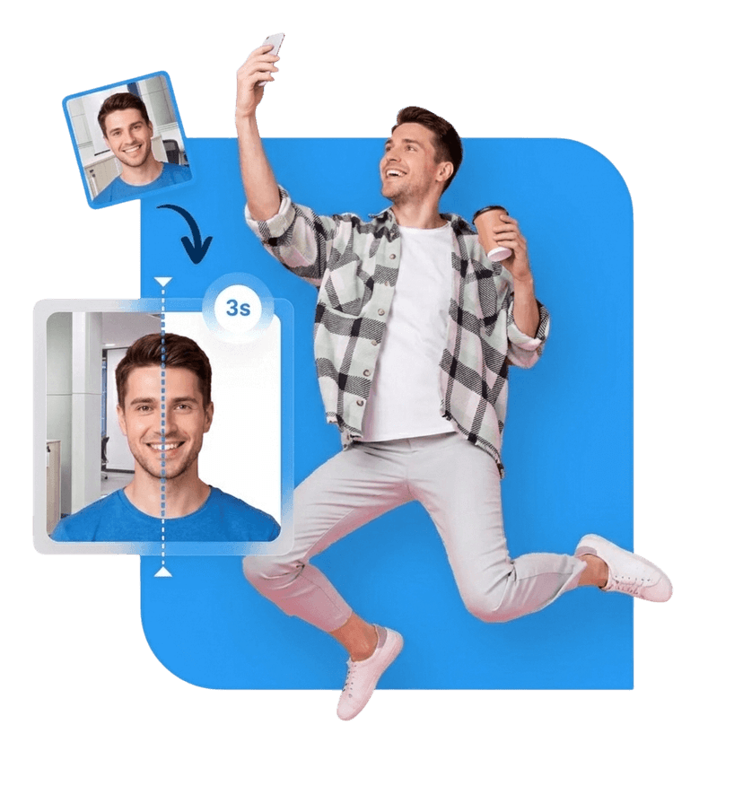 2x2 passport photo maker showing before and after - instant background removal and cropping to official US passport size