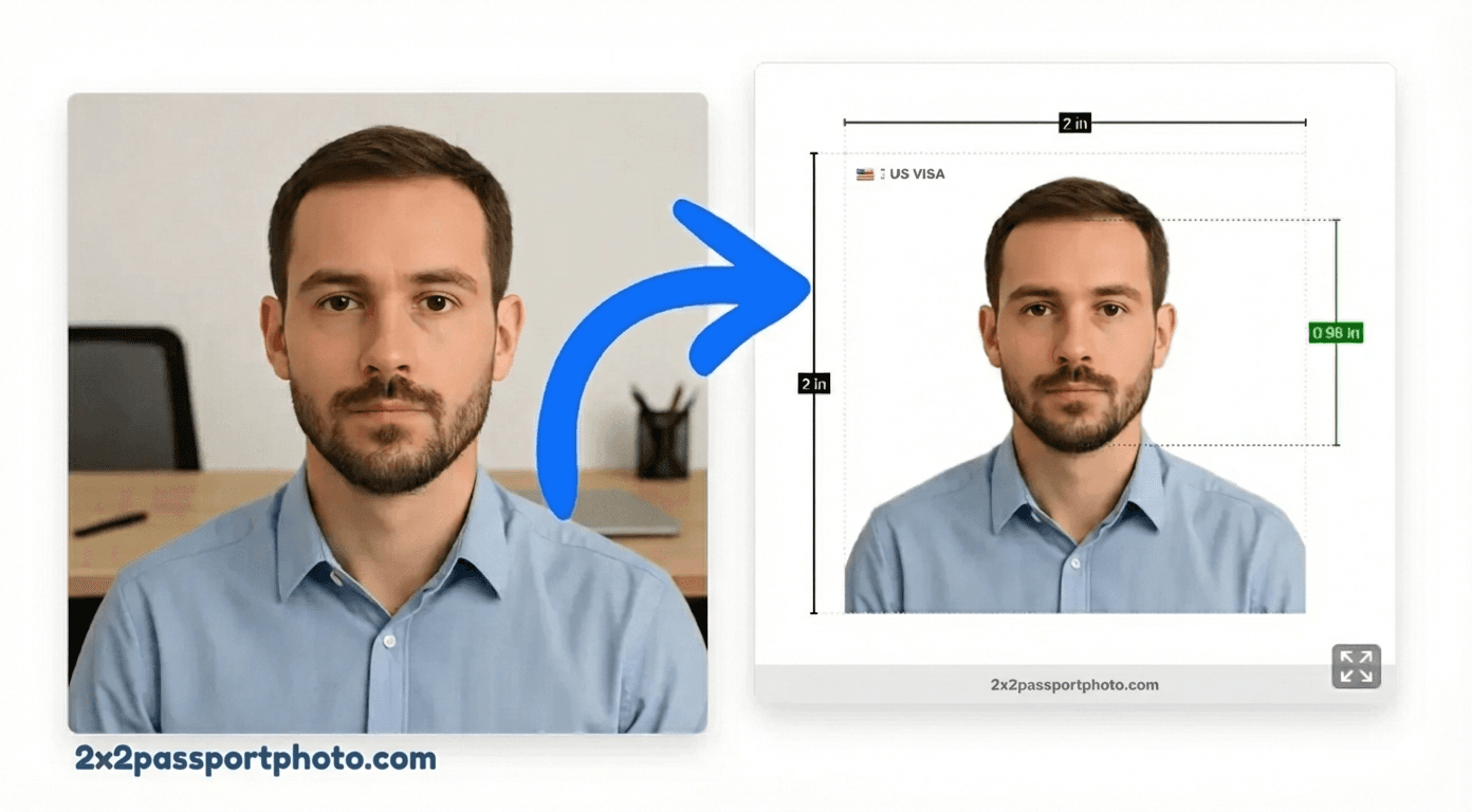 2x2 inch passport photo example with correct head size and dimensions